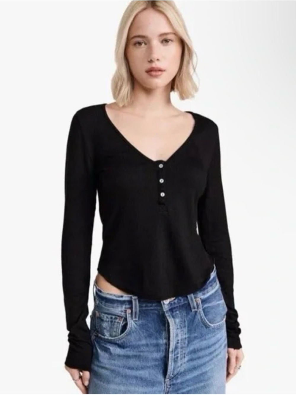 Free People Intimately Keep It Basic Black Layering Henley Long Sleeve Top